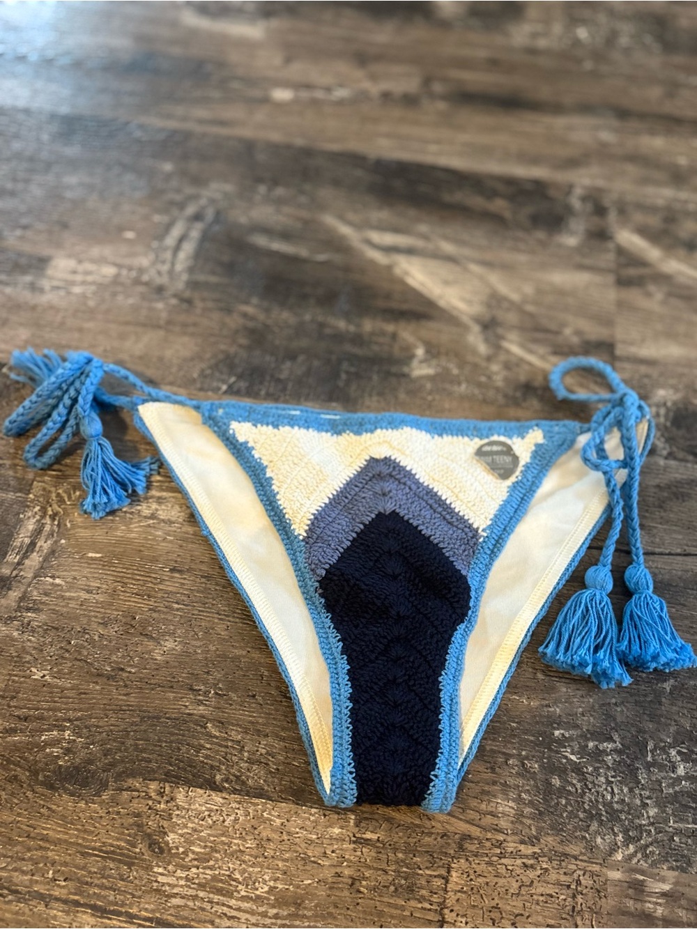 aerie Blue and White Crochet Tie-Side Bikini Bottom